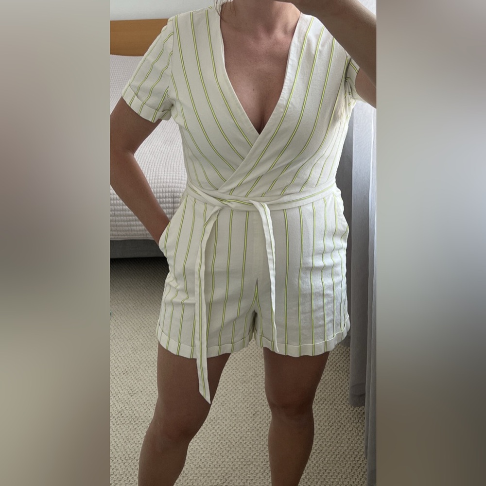 Banana Republic White and Green Striped Jumpsuit